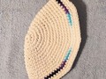 Yarmulke Kippot Kippah Frik Crocheted Cotton Off White with Blue, Purple, Aqua Mixed Trim 9 inches via Etsy