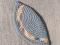 Yarmulke Kippot Kippah Frik Crocheted Cotton Slate Blue with Tan, White and Blue Mix Trim 9 inches via Etsy