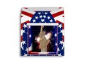 Statue of Liberty illustration, in front of fireworks and patriotic red, white and blue - stars & stripes! Envelope