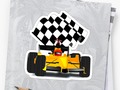 Yellow Race Car with Checkered Flag Stickers available in four sizes at #Redbubble by #Gravityx9 - #Sports4you -