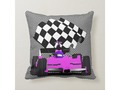Pink Race Car with Checkered Flag Throw Pillow via zazzle