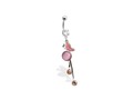 Jeweled navel ring with jeweled butterfly and dangling pink czs