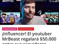 ¿TU COMPARTISTE EL POST?🤣🫣 El famoso youtuber ‘MrBeast’ ha impulsado a sus seguidores a compartir y comentar en su nueva publicación de Instagram, en donde informa que por su cumpleaños número 25 regalará $50.000 dólares entre las 27,8 millones de personas que siguen su cuenta. El dinero se repartirá a 5 personas, cada una recibirá $10.000 y deberán presentar como prueba el haber compartido en sus historias la publicación y etiquetado en los comentarios a alguno de sus amigos.  ‘MrBeast’, cuyo nombre real es Jimmy Donaldson, tiene el récord de ser la persona con más seguidores en la plataforma de videos YouTube, con 151 millones suscriptores. En su canal tiene videos de todo tipo, especialmente de retos extremos, como el de ‘No comí nada por 30 días’, ‘Le pagué a un asesino para que intente matarme’, ‘Sobreviví a un accidente de avión’, estas grabaciones tienen millones de reproducciones y le han representado un patrimonio de aproximadamente $100 millones, según el sitio web Celebrity Net Worth.  Recientemente, MrBeast ha encaminado su canal en torno a la ayuda social y obras de beneficencia, plasmada en videos como ‘1.000 personas con ceguera ven por primera vez’ y ‘1.000 personas sordas oyen por primera vez’ en los clips se muestra las reacciones de las personas discapacitadas de todas las edades y que fueron sometidas a operaciones para recuperar el sentido de la vista y de la audición, causando gran conmoción por la magnitud de la ayuda que recibieron y de lo exitosas que resultaron las intervenciones quirúrgicas.  Diario Expresso informa que la publicación sobre el regalo de $50.000 acumula hasta el momento más de 4 millones de likes en Instagram y 3 millones de comentarios. El youtuber aún no ha especificado cuando se cerrará el concurso, pero si ha dejado un comentario en la publicación informando que estará excluido del sorteo el estado de Nueva York. @noticias24hrs