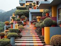 Geometric colorfield buildings,with bauhaus influence and topiary  Created by @darylanselmo