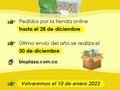 Ha sido un año increíble, de crecimiento y aprendizaje 🌱  👉Recibimos pedidos hasta el 28 de diciembre en bioplaza.com.co  👉Realizaremos el último envío de productos el 30 de diciembre.   👉Volveremos recargados de productos saludables el 10 de enero 2023