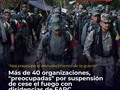 #Noticias #colombia / Más de 40 organizaciones, "preocupadas" por suspensión de cese el fuego con disidencias de FARC  Más de 40 organizaciones sociales de los departamentos de Meta, Caquetá y Guaviare mostraron su "preocupación" por la suspensión del cese el fuego entre el Gobierno Nacional y el Estado Mayor Central (EMC), principal disidencia de las FARC, y alertaron que la decisión llevará "más violencia" al territorio.  El Gobierno Nacional nformó este lunes que suspendió en cuatro departamentos el cese el fuego bilateral con el EMC luego del asesinato el pasado fin de semana de cuatro indígenas menores de edad que intentaron escapar tras ser reclutados a la fuerza por el Frente Carolina Ramírez, perteneciente a este grupo.  Las organizaciones, que conforman la Coordinadora del Sur Oriente Colombiano para los Procesos Agrarios, Ambientales y Sociales (Coscopaas), rechazaron "cualquier tipo de violencia" pero alertaron que "las acciones violentas no pueden ser respuestas con decisiones que traigan más violencia".  "Nos preocupa el recrudecimiento de la guerra porque los mayores afectados somos las comunidades rurales desarmadas quienes históricamente hemos sufrido la crueldad y la sistemática violación de derechos humanos y el derecho internacional humanitario en nuestro territorio", indicaron en un comunicado.  A esa decisión el EMC, al mando de Néstor Gregorio Vera Fernández, alias "Iván Mordisco", respondió al Gobierno que "el rompimiento unilateral desatará la guerra y se multiplicarán los muertos, heridos y prisioneros, contrario a una política de paz total".