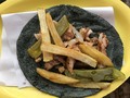 Doña Bertha made me this taco, pork from her family’s little farm, hand made blue corn tortilla, French fries, nopales and onions. It was delicious. #taco #streetfood #streetfoods #mexicanfood #mexicocity