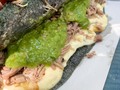 A Close-up of this beauty. Cheese and barbacoa quesadilla with green avocado sauce on a blue corn tortilla. My favorite Sunday treat!   #barbacoa #mexicanfood #mexico #quesadillas