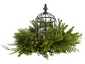 Nearly Natural Mixed Pine Birdhouse Candelabrum 4561    Mixed Pine Birdhouse Candelabrum Nestled in an abundant sea of green, a 12.5" tall black birdcage is ready to hold seasonal candles to bring warmth to a holiday home. Hand crafted and meticulously placed, faux pine leaves are mess-free and hold its shape for years to come. Birdhouse includes glass votive, candle not included.