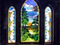 Nature Scene and Angels in a Stained Glass Window in a Mausoleum