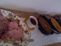 Family Easter buffet hot table - Ham, green beans, mashed sweet potatoes.