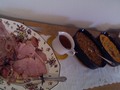 Family Easter buffet hot table - Ham, green beans, mashed sweet potatoes.