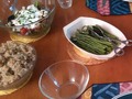 Birthday dinner mixed greens with blue cheese dressing brown rice pilaf and steamed asparagus