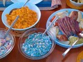 Tonight's Dinner - slow cooked brisket with cabbage, potatoes, carrots, some Mac&cheese for Poppi, and pea salad for Grandma. There's also a bowl of mixed fresh fruit for dessert.