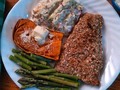 Tonight's Dinner: Almond encrusted Salmon cole slaw, baked yam, asparagus