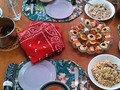 Summer Supper - Cool & Relaxed Not hot, just warm Tomato Basil bisque, Curry Chicken Salad, Shrimp Salad, toasted slivers of homemade bread (hiding under the red napkin) and a cold tray of fresh veggies and deviled eggs.