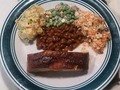 BarBeQue Olympic Dinner! Peach wood smoked Bourbon glazed St Louis Ribs with mustard and bacon potato salad, citrus sweet &sour Cole slaw, spring pea salad, and baked beans. Served just as the Olympics began - !!! USA USA USA !!! :D