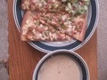 Tonight's dinner - cheesy cauliflower soup, tossed salad and bbq chicken pizza.