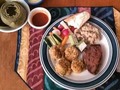 Celebrating my birthday with coconut breaded shrimp, teriyaki marinated tri-tip steak, couscous with dates and apricots, and steamed artichokes.