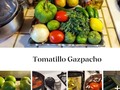 Tonight's Dinner:  Roasted Tomatillo Gazpacho with Caesar Camarón Ensalada.  Yesterday my weekly food co-op box again was loaded with seasonal produce just RIPE for making Gazpacho ... but in a twist, there were a half dozen Tomatillos. Yes those cute little green tomato sorta thingies tha gift wrapped in their own special, and #natural, tissue paper! Those that have been following the recent Gazpacho postings will notice this Roasted Tomatillo model is not as bright red as my normal Gazpacho as the added green of the tomatillos makes it more of a brownish or brick red color. #TonightsDinner