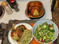Tonight's Dinner:  * Roasted Stuffed Chicken Breast * Cilantro Lime Brown Rice * Chopped Salad of mixed greens, grape tomatoes, baby cucumbers, quattro formaggi (finely shredded Italian cheeses, Fontina, Parmesan, Romano) crusty croutons.  I roasted two different Stuffed Chicken Breasts, one stuffed with spinach and mushrooms, the other a Southwest bacon wrap stuffed with chopped onions and poblano chilies. And I had half of each breast for my dinner. 😋 yum yum 😋  #TonightsDinner  #StuffedChickenBreast #CilantroLimeBrownRice #ChoppedSalad