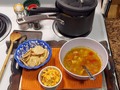 Tonight's Dinner:  Southwest Chicken Soup Pimento Cheese & Chips Still under the weather ... a friend had made a large pot of chicken stock yesterday and dropped off a quart to me. This morning I diced up a standard mire poix - onions, carrots, celery - and some red bell pepper. After sautéing the veggies I poured in the chicken stock, adjusted seasonings, and left it to simmer on low all afternoon. This evening I turned up the heat on the soup while a package of my Southwest seasoned chicken parts (Pollo Mexicano originally planned to be another round of Enchiladas) in the microwave, cut it to size, and added it to the soup. #TonightsDinner  #ChickenSoup ala Mexicano #PimentoCheese #TortillaChips