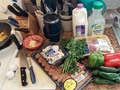 Tonight's "Tonight's Dinner" episode has been pre-empted by a special Prequel - Morning Market Adventure - featuring things that jumped into my basket early this morning when I ran over to the store for only Jalapeños and ½&½ so I could fix brekkie ... jump down to pics for details. #TonightsDinner  #MorningMarketAdventure #clearance #markdown #HalfAndHalf #Jalapenos Pic #1 - As you can see, several items jumped, climbed, and snuck into my basket while trying to get just 2 things for brekkie - pkg Pork Neck Bones with a lot of meat on them ($1.99), Hot Italian Sausage (usually a buck & quarter each or 10for$10 these end up being half-a-buck apiece!), ½lb box sliced shrooms, while the Jalapeños were normal price 99c/lb their cousins the Sweet Bell Peppers were on unadvertised sale (MGR Special) of only 69c/each and jumped in while I bagging Jalapeños. The Sugar-Free Lemonade is in the cooler by the dairy products and snuck onboard when I was getting ½&½, similar situation in produce with the peppers distracting me while the parsley climbed in ... Pic #2 - These oh-so meaty pork neck bonesand (practically County-style ribs at half the price) will be braised and made into a pork stew and pork stock.  Pic #3 - The pork neck bones have been browned in olive oil and now adding mirpoix befire adding water to start agternoon long slow simmer. The #PorkStew will be kinda the opposite of my Chili Verde con Cerdo which is more a green chili soup/sauce with bits of pork in it, whereas the Pork Stew will be centered on the #braised #pork with potatoes, carrots, onions, celery, and green bell pepper.