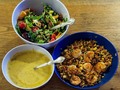 Tonight's Dinner: Eclectic Fusion . . .  Shrimp Fried-Rice  Broccoli Cheddar Soup Tossed Salad  Ya'know ... sometimes you just have to eat up all of the miscellaneous tids & bits that have accumulated in the fridge over the past few days ... at my house that often happens on Tuesdays ... b'cuz Wednesdays are when my weekly box from the food Co-op is delivered and I must make sure there will be room in the fridge for the goodies! Some weeks it is as easy as merely warming up a leftover already assembled complete dinner in the nuclearizer, weeks it's more of a challenge to use up this and that which are a pile of plastic & pyrex containers and ziplock baggies ...  This Morning's Brekkie was finishing the Cheesy Sausage Grits, last English Muffin, and a stray handful of Raspberries, in all a delicious and filling breakfast. Now for tonight's dinner ... ⅓ of a bag of mixed greens, ½ dozen grape tomatoes, nub of cucumber, and last of the croutons becomes tonight's Tossed-Together Salad. A fairly substantial bowl of Broccoli Cheddar soup needed nuked and slurped up. And for an entrée, there was a couple servings of Dirty Rice in the freezer, ⅓lb of shrimp that wasn't going to be tasty for too many more days, half bunch of Scallions, a medium carrot, and little less than a cup of frozen peas would be reworked from Cajun to Asian becoming Shrimp Fried-Rice.   #TonightsDinner  #Eclectic #Fusion #Shrimp #FriedRice #BroccoliCheddar #Soup #TossedSalad  #Brekkie #Cheesy #Sausage #Grits #EnglishMuffin #Raspberries