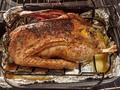 Tonight's Dinner:  The Classic Christmas Goose! As I was invited to a friend's home for her Buon Natale Italian xmas dinner I didn't "cook my goose" Sunday (I had offered to roast the bird for her xmas dinner but she really wanted an Italian meal like she grew up with). I haven't had a #ChristmasGoose for many years, possibly clear back to my Colorado days when goose was a regular entrée in the xmas dinner rotation - Prime Rib, Ham, Goose - and have been looking forward to this since being Goosed ..er.. given the bird last fall. So I roasted it yesterday after having eaten all the Buon Natale leftovers the day before. Covered and suspended over a waterbath in the roaster pan, the goose stuffed with oranges, plums, onion and a lemon sweat-roasted for 3½ hours before being uncovered and the skin quickly browned under the broiler. The Goose was accompanied by a Wild Rice & Mushroom Pilaf, sautéed Green Beans with Red Pepper juliennes and toasted Pecans, and of course a tossed salad. I made a thin gravy from drippings and stock from simmering the giblets and deglazing the pan with Sherry. #TonightsDinner #Goose #WildRice #Pilaf #GreenBeans