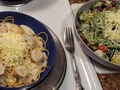Tonight's Dinner:  Scallops al Fredo on Keto Angelhair Pasta Grande Salad and Toasted Garlic Bread #TonightsDinner #scallops #pasta #salad #GarlicBread