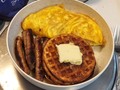 Today's Brekkie:  !!! #Sunday #Brunch !!! French Omelet Keto Waffles Sausage Links  To french-up your omelet separate your eggs. Impetus for an Omelet this morning is I just got an egg-separator and thought it was time to try it out! [#ProTip: set out your eggs at least an hour before cookjng to warm up, overnight is even better, room temperature eggs separate easier and cook better whether you're making an omelet, scambled, or over easy] Whip the whites light and fluffy, break yolks and gently fold into beaten whites, then pour into hot pan on medium heat, lifting edge with rubber spatula to allow raw egg mixture to flow underneath, repeat around skillet until most of the raw egg has cooked. Then slide pan under heated broiler (or in my case into convection/airfryer oven) to lightly brown top of Omelet. Sprinkle some grated cheese over Omelet and return to broiler until cheese is melted. Fold Omelet in half to serve. I browned my sausage links while prepping the eggs, and toasted my Keto Waffles (I rarely mention brands b'cuz none of them or farcebook are paying me, but I just found these Birchbender keto toaster waffles, just 2½ carbs per waffle). #TodaysBrekkie #SundayBrunch  #FrenchOmelet #Omelet #Keto #Waffles #SausageLinks