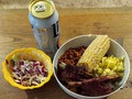 Tonight's Dinner:  BBQ Short Ribs  Southern Potato Salad  Cole Slaw  Corn on the Cob The super meaty Short Ribs were pressure cooked in my InstantPot-Mini using an InstantPot Seasoning pack (but without the called for brown sugar). Ribs were first dry rubbed with ½ the spice pack, then placed on rack in pot with ⅔ cup water underneath. The other half of spice pack is mixed with ½ cup each water and ketchup then poured over ribs, pot sealed, and cooked 45 minutes on Meat program. Southern Potato Salad has par-boiled ¼ inch diced potatoes, I used my favorite - Yukon Gold. Some diced onion, celery, hard-boiled eggs, minced dill pickle and a dressing of mayonnaise and yellow mustard. I top of mine with a few sliced black olives. My Confetti Cole Slaw of shredded red & green cabbage, carrots, minced onion, a smattering of Craisins and Pepitos.  Corn on the Cob - shucked, washed, and wrapped in plastic wrap then quick cooked in microwave for 2 minutes, let rest until ready to plate, then zap for 1 more minute, unwrap, slather in butter and ready to eat! #TonightsDinner #Barbeque #ShortRibs #Southern #PotatoSalad #ColeSlaw #CornOnTheCob