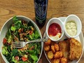 Tonight's Dinner:  Airfryer Fish & Chips Mostly Spinch Mixed Greens Salad  Potato Rounds Tonight's Fish is Fresh Cod Fillets lightly breaded in potato flakes ... yes, the fillets were gently pressed in instant mashed potato flakes with some fine herbs and garlic & onion powder ... then airfried along with the Potato Rounds (like "tots" but bigger around and coin shaped instead of short logs). Served with a squeeze of lemon on the airfried Cod and tarter sauce, and my own "fry-sauce" of ketchup, mayo, and a couple shakes Tabasco.  Being a little short on lettuce I added a big fistful of baby spinach to the few leaves of bibb and romaine, some diced tomato and cucumber. #TonightsDinner #FishAndChips #Cod #tatertots #spinach #salad
