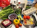 This Week's Food Co-oP Delivery: #Salad Goodies - #Romaine, #Cucumbers, #Tomatoes, Bleu Cheese dressing, and one pre-made California Cobb salad. Other produce - #Broccoli, Yellow Bell Pepper, big bag #Nectarines, and some small purple #BrusselSprouts ... if'n any of you have experience with these cute little sprouts tell me how you prepare them! Eggs, Milk, a pound of Ground #Bison (Buffalo) and a shaker of garlic & herbs steak spice/rub (I'm sure it'd work on burgers too ... even Bison Burgers!). There was chicken breasts offered in yesterday's call to confirm my order but I passed because I'm trying to work ..er.. cook my way through the backlog of chicken and pork in my freezer! Oh, let's not forget the jumbo roll of paper towels!  #FoodCoop #Delivery