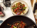 Tonight's Dinner:  Beef Teriyaki Stir-fry served over  Coconut Cauliflower Rice. 😋 Sliced up the remaining 14oz or so of the Aged Ribeye Roast from my previous Dinner posting of the Black & Bleu Ribeye Steak a couple nights ago. First I cut the little Ribeye roast into two steaks a little less than an inch thick, then thinly sliced the steaks into strips across the width at 5-6 slices per inch. While prepping the veggies the wok heated up on high. Then as I sliced the last of veggies - Mushrooms and Red Bell Pepper - I seared the Beef in the smoking hot wok with a little Sesame Chili Oil and Avocado Oil. Cook meat to medium rare, glaze meat with some of your #TeriyakiSauce, cook a little longer to reduce so it clings to meat. Set meat aside, add a little more of the oils as needed and begin stir-frying veggies. Add rest of veggies and keep stir-frying, stir in rest of teriyaki sauce, then lower heat and cover to steam veggies for 5 minutes. Add cooked meat into veggies, stir well, then serve over Coconut Cauliflower Rice . . . yes, you can substitute regular steamed, fried, or Coconut rice . . . it just won't be lo-carb like mine! #TonightsDinner #Beef #Teriyaki #CoconutRice #CauliflowerRice