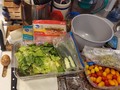 Tonight's Dinner:  Traditional Chef's Salad  a little bit of Brie Sweet Tea (and a Ranch Water b'cuz I earned a drink with alcohol in it - Agave&Lime hard seltzer - by not melting into a pool of tiger butter [if'n ya don't know the story of Little __ Sambo that's your fault for not reading!])  Ya'know ... this 2nd or 3rd day of Summer in the Sierras thing grew old, and heated, quite quickly today, and left me hot, sweaty, exhausted, and not at all in the mood to cook anything for dinner! Sooo . . . something my mother liked to request on such stifling evenings (and my father absolutely hated, b'cuz he thought every dinner should be a Sunday Dinner...) was a cool crisp Chef Salad and Sweet Tea. (My mother was from the Deep South, backwoods Mis-sippi, from pre-A/C times, and knew about these things!) So there it is all laid out - mixed greens, tomatoes and cucumber, the last little nest of my first batch of mixed sprouts, ham & turkey (hadn't gotten out the Swiss cheese in time for the "before" pic but it made it into the money shot!) an Egghead, and Bleu Cheese dressing. Slice, dice, mince the veggies the way you like them, put in large mixing bowl so you can toss your salad, add dressing and perform aforementioned tossing! Transfer "tossed salad" to your dinner bowl.  Peel and slice an #Egghead (hardboiled egg🥚 I drew face on so I know which eggs in fridge are hardboiled, and yes, I told you to peel it! Otherwise somebody will leave a nasty comment about them getting eggshells in their salad...) and artfully arrange on top of your tossed salad. Cut juliennes of meat & cheese. I put down an ounce or so of both thinly sliced (deli style) ham & turkey with a layer of Swiss cheese between them, then slice into juliennes and cut those in half so they're fork-ready. Position half of meat & cheese juliennes on each side of egg slices. Drizzle a little line of salad dressing over top of egg and the juliennes. Sprinkle a heeping Tbs of Salad Crunchies (the container says "miniature croutons") and you're looking at my pic and wondering when to add the bacon bits . . . but there aren't any, the bacon bit looking thingies are the Salad Crunchies ..er.. miniature croutons.