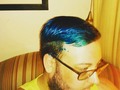 Blue baby blue. Also no matter what I do I when I get out of the shower after dying my hair I always get A few drops of colored water tha out still.