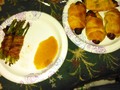 Maple bacon wrapped asparagus and maple bacon wrapped hot dogs with onions and cheese in a crescent roll #foodporn #food #yummy
