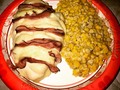 Back to cooking it is. Made a cheesy hasselback chicken as they called it with some cheesy tomato basil corn. The chicken is sliced across the breast every inch to stuff cheese and ham in. Don't slice all the way through tho haha. #chef #cook #food #foodporn