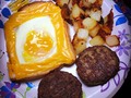 Breakfast for dinner. Sausage patties, fried potatoes, and cheesy egg baked toast. The bread was squished in the middle and an egg dropped on. Then the edges are buttered and covered in cheese. Then tossed in the oven at 350 for ten to twelve minutes depending on personal preference. #cooking #chef #food #breakfast