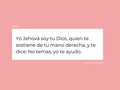 2/365 ❤️ esta promesa ha sido bálsamo fresco para mis heridas. La descubrí hace 4 años, creo, en Isaías 41:13.  Ver a Jesús sosteniéndome de la mano derecha mientras dice "yo estoy contigo", me ayudó a verme como lo chiquita que soy delante de su presencia y lo mucho que Él quiere cuidarme.  Para mí, es un susurro apacible "nena, yo estoy contigo, no tengas miedo". Y para esta alma - miedosa de por sí - ese susurro es una respuesta a todos sus temores.  Este texto me ayudó mucho al momento de emprender, porque técnicamente yo iba ciega 🙈 solo confiando que Él iba a mi lado, y al frente abriendo caminos.  Mañana retomo el trabajo, nuevamente, después de 6 meses sabá. Estoy expectante a ver qué tiene Dios preparado para mí, no sé si encontraré todo igual, pero si sé que yo no volveré siendo la misma.  ❤️Ann.
