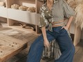 Vestido en mix and macht tono arena y verde militar, se puede usar como kimono con este hermoso pantalón palazzo en Telcel 🌼✨
